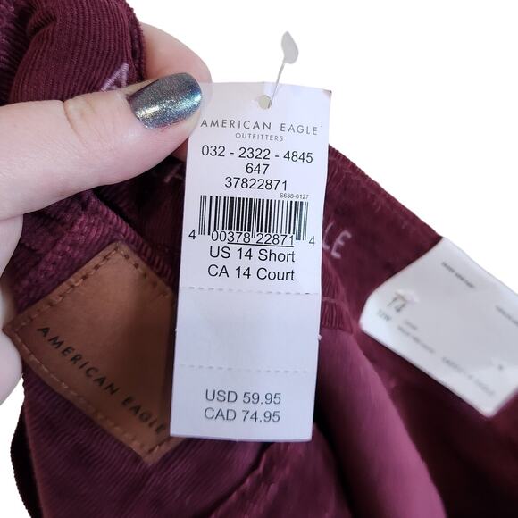 American Eagle Burgundy Baggy Mom Pants Curdoroy Textured Cotton Size 14 Short - Picture 13 of 13